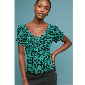 Anthropologie Maeve Green Black Floral Scalloped Blouse Top Shirt